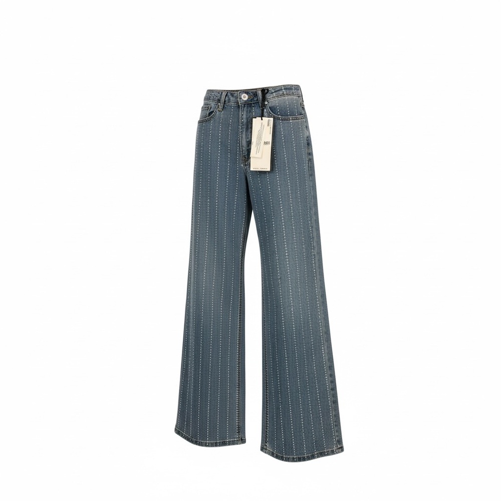 Almost Famous Blue Striped Rhinestone Women's Wide Leg Jeans